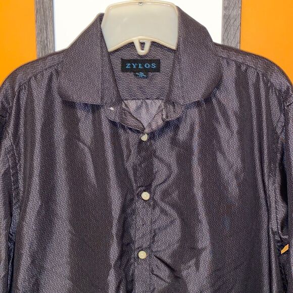 Zylos Mens Funky Print Grey Button Down Dress Shirt Medium 15-15 1/2 - Picture 2 of 7